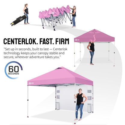 CROWN SHADES Canopy Tent, 10 x 10 Foot Portable Pop Up Outdoor Shelter with Pocket Sidewall, Push Center Lock, UV Protection, and Carry Bag, Pink