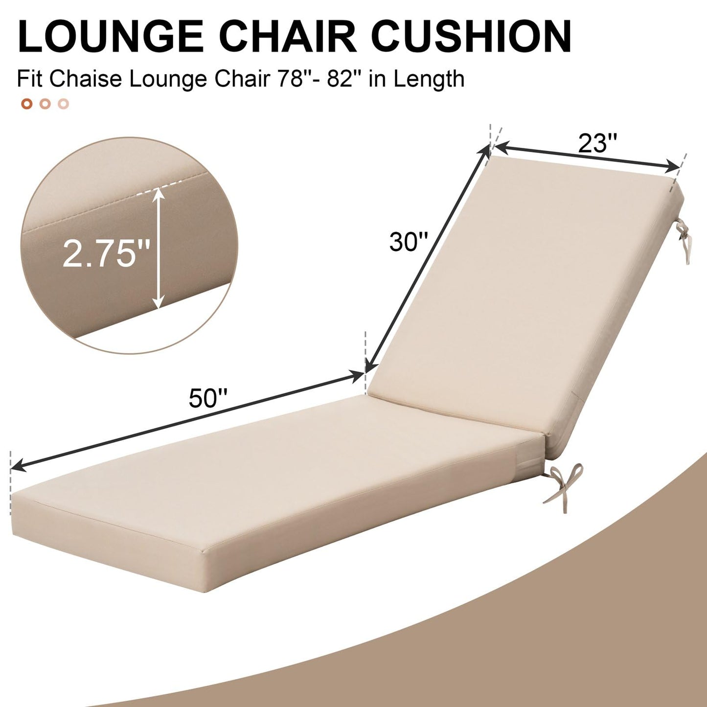 Crestlive Products Outdoor Chaise Lounge Cushions Set of 2, Water Resistant Fade Resistant Patio Furniture Lounge Chair Cushion,80" L x 23" W, Tan