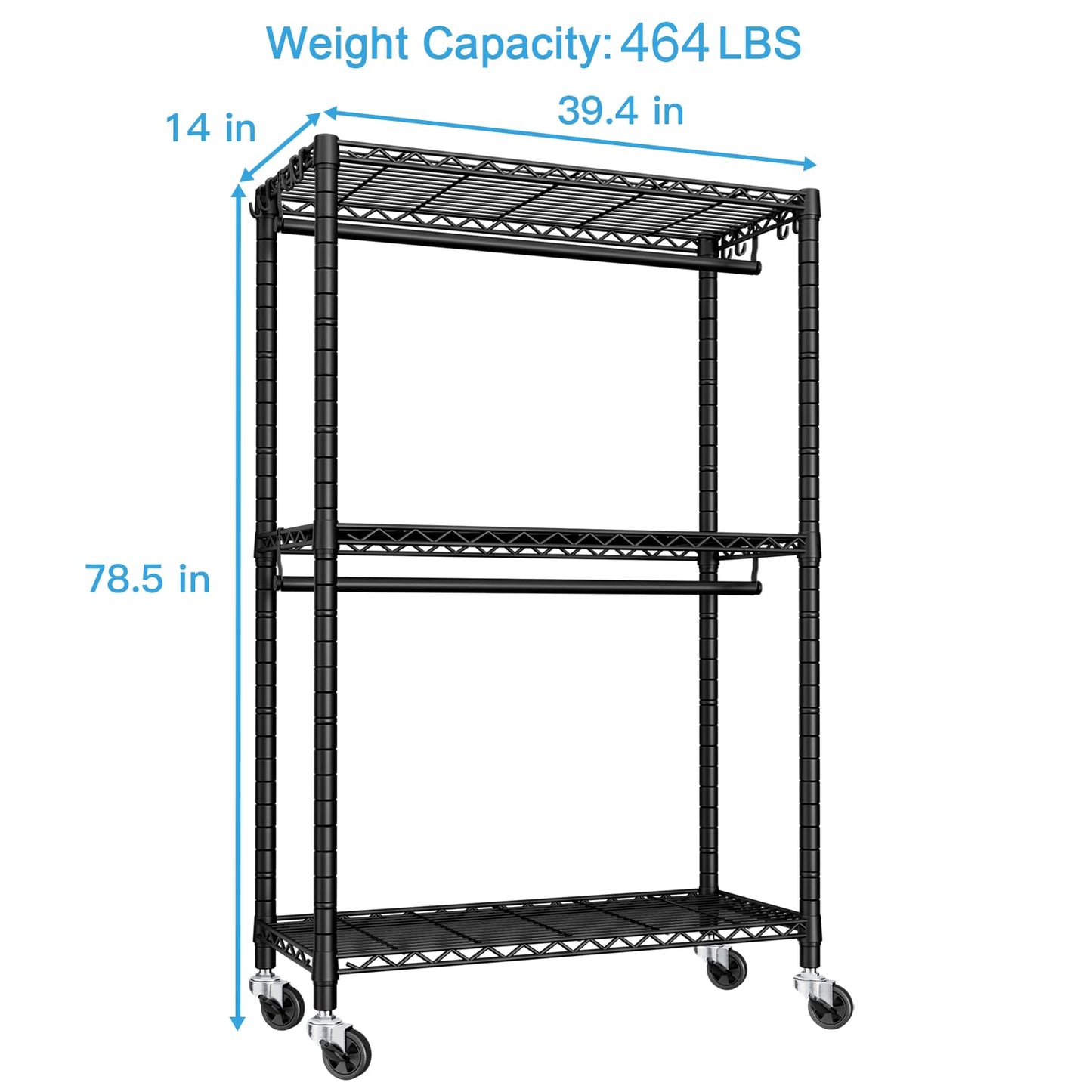 FUTASSI P3 Rolling Clothes Rack, Clothing Racks for Hanging Clothes, Heavy Duty Garment Rack with Wheels, Freestanding Portable Closet Racks 39.4'' W x 14'' D x 78.5'' H, Max Load 470 LBS, Black
