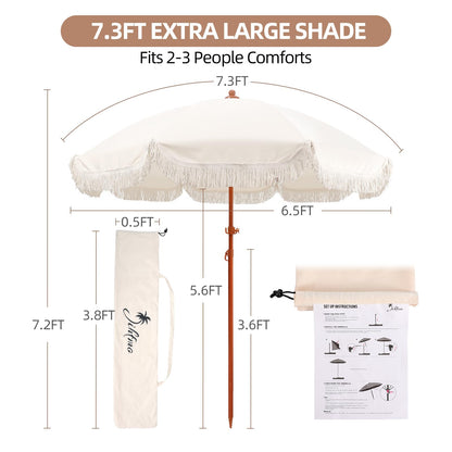 Jihfmo 7.3ft Boho Beach Umbrella with Integrated Sand Anchor & Reinforced 8mm Ribs – Heavy Duty Windproof Fringe Patio Umbrella, UPF 50+ Sun Shade with Tilt Mechanism & Carry Bag for Outdoor, Garden, Seaside (Cream/White)