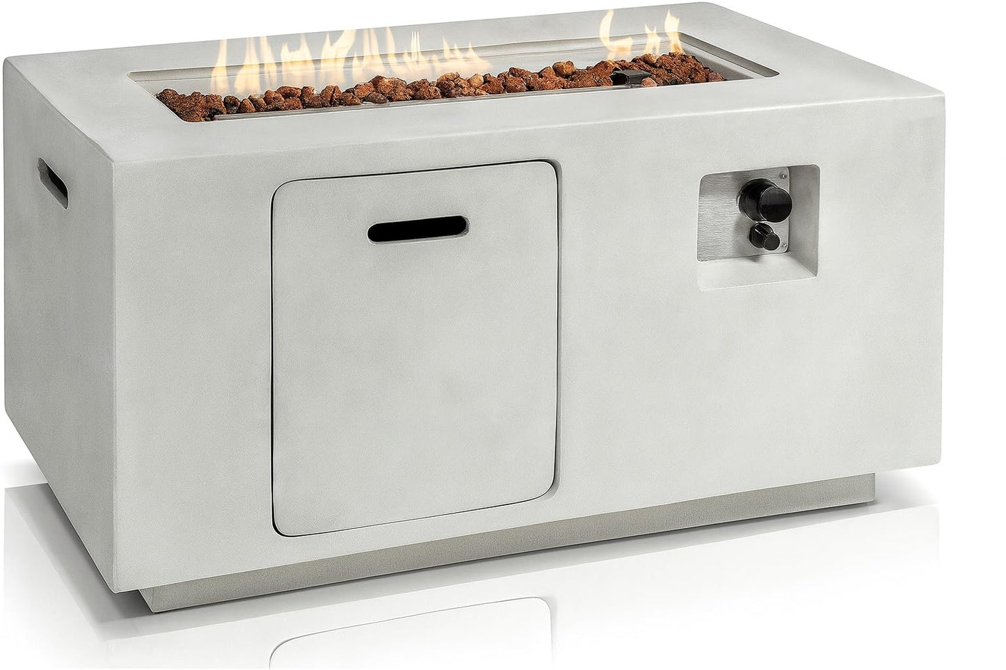 SereneLife Concrete Outdoor Propane Fire Pit Table, 50,000 BTU Square Gas Fire Table with Adjustable Flame, Lava Rocks, Weather-Resistant Design, and Protective Cover for Patio, Deck, or Backyard