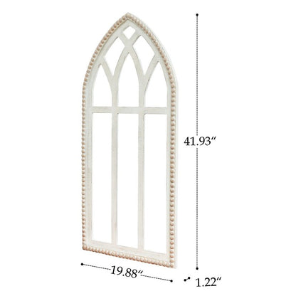 Synovana Arched Wooden Window Frame Wall Decoration, Rustic Farmhouse Wood Window Pane Hanigng Art Decor, 42 inches Gothic Cathedral Style Spire Design Wall Mounted Fake Window Decor, Distressed White