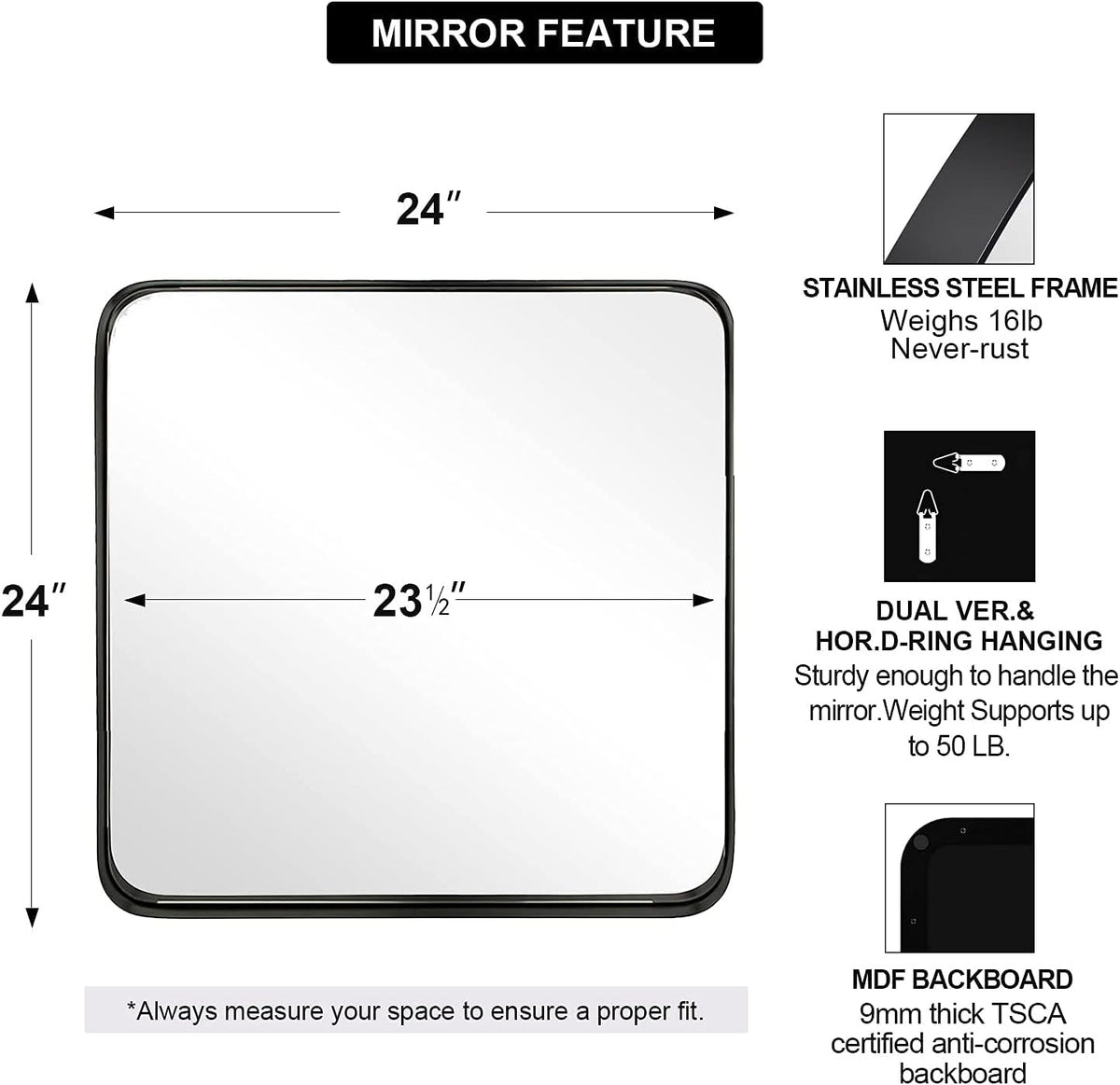 ANDY STAR Square Bathroom Mirror - 24”x24” Matte Black Metal Design with Rounded Corners | Versatile Hanging Options