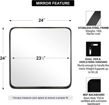ANDY STAR Square Bathroom Mirror - 24”x24” Matte Black Metal Design with Rounded Corners | Versatile Hanging Options
