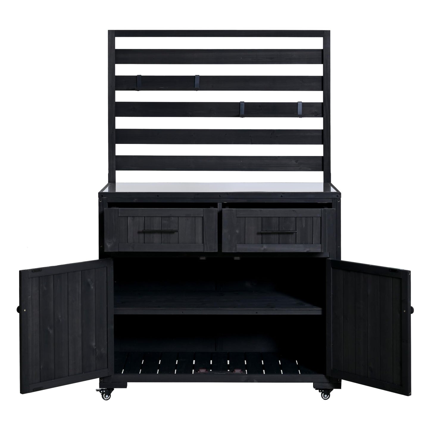 GDFStudio Junlyn Patio Kitchen Island Cart with Storage, Wooden Outdoor Storage Cabinet with Stainless Steel BBQ Prep Table Top, Drawers, Shelves and Lockable Wheels, Garden Potting Bench, Black