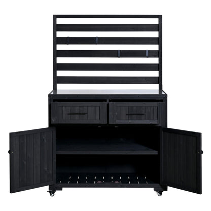 GDFStudio Junlyn Patio Kitchen Island Cart with Storage, Wooden Outdoor Storage Cabinet with Stainless Steel BBQ Prep Table Top, Drawers, Shelves and Lockable Wheels, Garden Potting Bench, Black