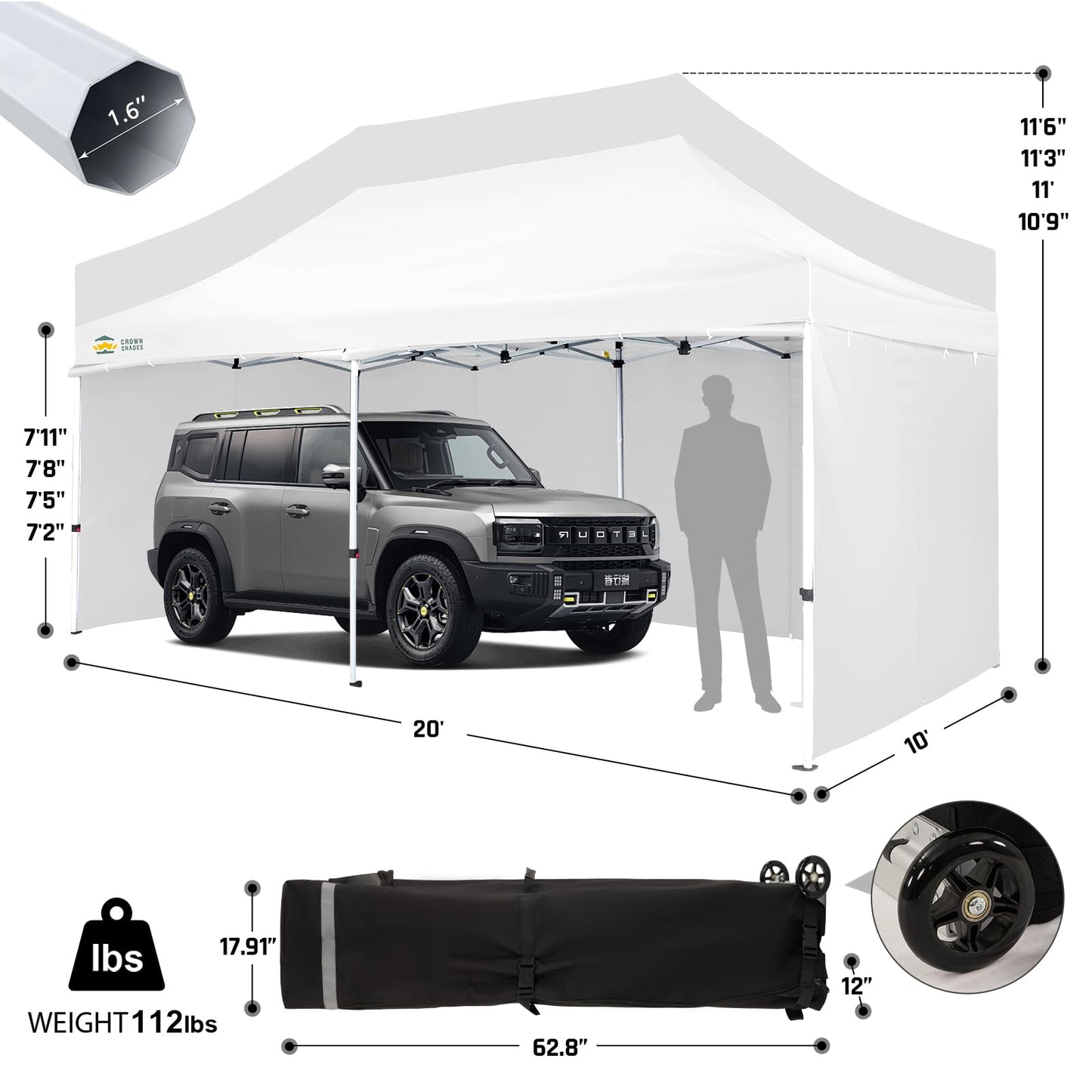 CROWN SHADES 10x20 Pop Up Canopy Tent, Thicken Frame Commercial Heavy Duty Tent, 4 Sidewalls 8 Stakes & 4 Sandbags & 4 Ropes, Outdoor Canopies for Events, Parties,White