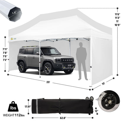 CROWN SHADES 10x20 Pop Up Canopy Tent, Thicken Frame Commercial Heavy Duty Tent, 4 Sidewalls 8 Stakes & 4 Sandbags & 4 Ropes, Outdoor Canopies for Events, Parties,White