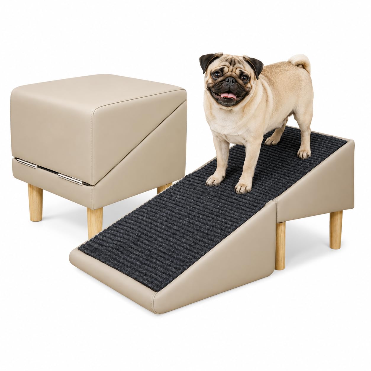 Dog Ramp for Couch, 16" H × 16" W 2-in-1 Split Ottoman Dog Stairs, Foldable Wooden Pet Ramp with 23° Gentle Incline & Non-Slip Surface, Pet Steps for Senior Small Medium Large Dogs (Off-White)