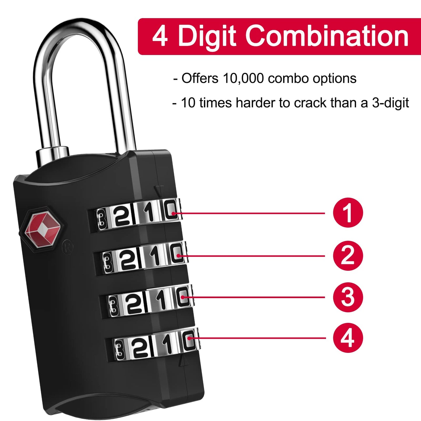 ZHEGE Luggage Lock, TSA Approved Travel Lock, 4 Digit Combination Padlock with Flexible Cable (30 Inch) for Suitcase, Backpack, Cabinet, Drawer (1 Pack, Black)