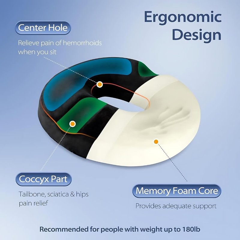 Persacom Donut Pillow Seat Cushion - Memory Foam Seat Chair Cushion for Tailbone Pain Relief, Postpartum Pregnancy and Hemorrhoids Donut Chair Lifting Cushions for Men and Women Home & Office (Black)
