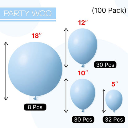 PartyWoo Light Blue Balloons 100pcs Different Sizes of 18 12 10 5 Inch Baby Pastel Sky Aqua Blue Balloon Arch Kit Garland for Birthday Gender Reveal Baby Shower Graduation Party Decorations Blue-Y4