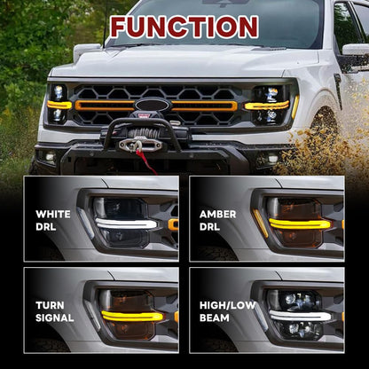 COOLCMP Projector Headlights for F150 2024-2026 14th Gen F-150 Frontlights Head Lamp with Start-Up Animation Switchable White/Amber DRL Sequential Turn Signal, Only Fit Base Models[XL STX XLT Tremor]