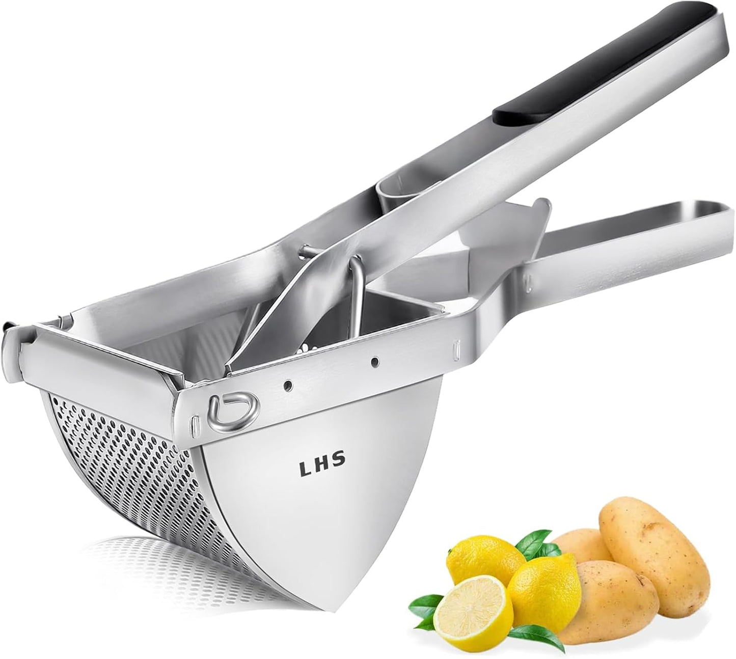 LHS Stainless Steel Potato Ricer - Heavy Duty Masher with Ergonomic Grip | Extra Large Capacity, Dishwasher Safe (Black)