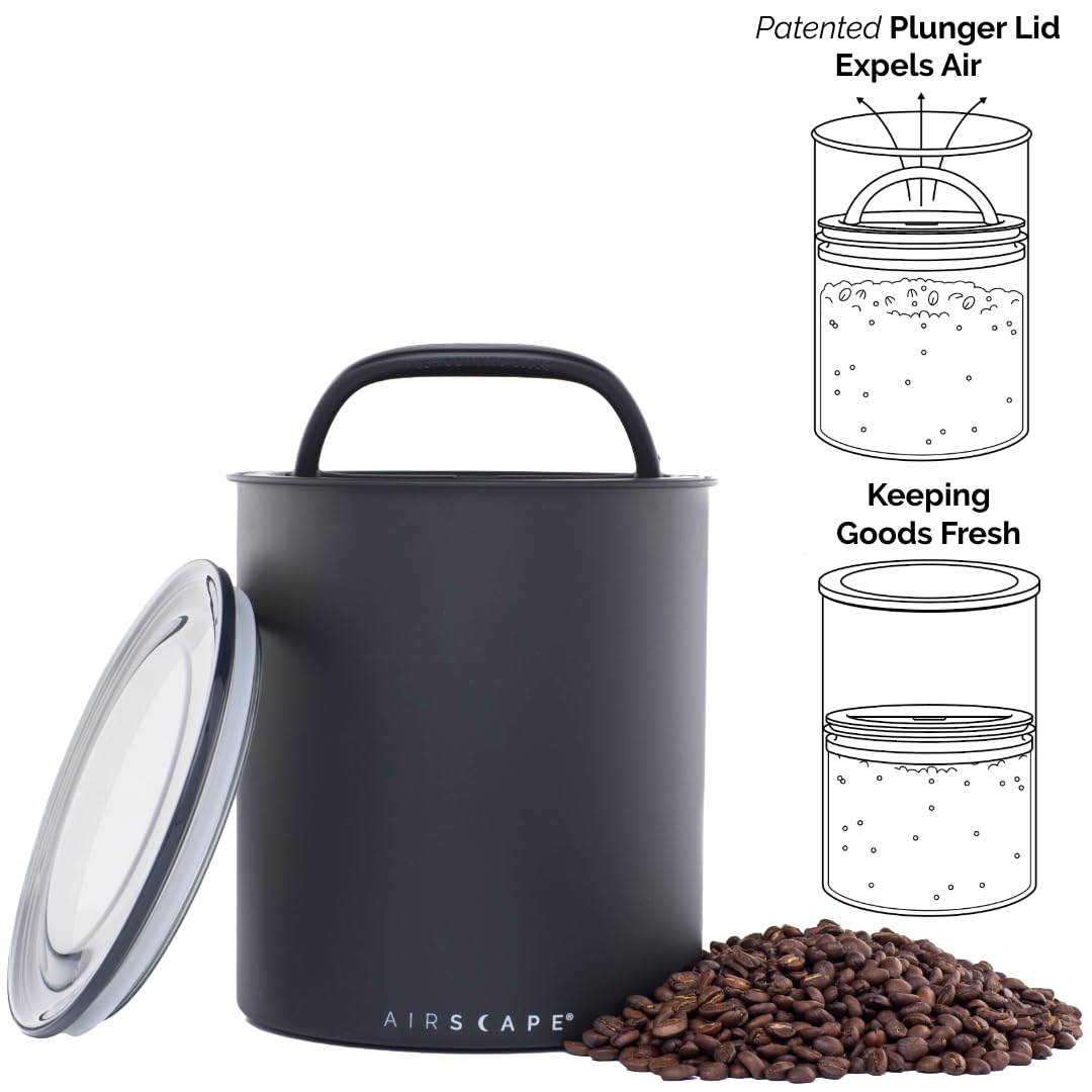 AirScape Planetary Design Kilo Coffee Storage Canister - US Patented Inner Plunger Lid Removes Excess Oxygen - DON'T buy airtight, BUY AIR-LESS - Holds 2.2 lbs Coffee Beans - (Matte Black)