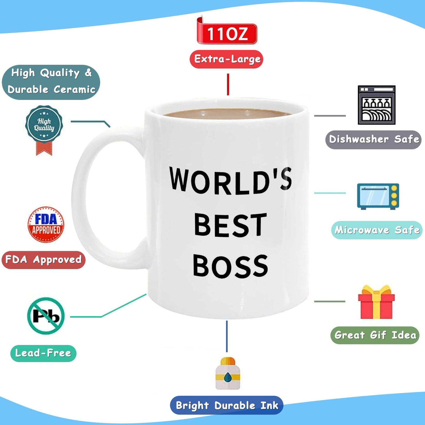 World's Best Boss Mug,Coffee Mug 11 oz Ceramic Mug Funny Unique Idea Cup Gifts for Office Male Female Bosses Coworkers (11oz)