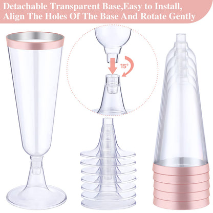 Thenshop 50 Pack Rose Gold Plastic Champagne Flutes 5.5 oz Elegant Clear Disposable Champagne Glasses Detachable Hard Toasting Glasses for Wedding Party Fancy Vino Cocktail Cups(Clear)