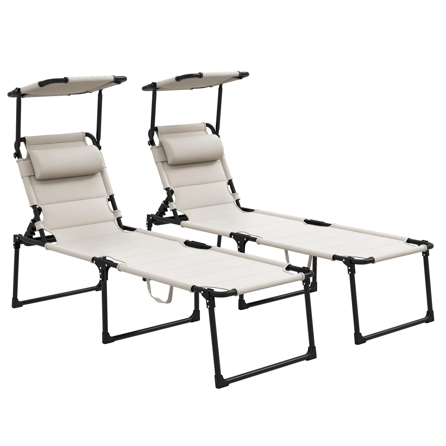 Outsunny 2 Pieces Outdoor Lounge Chair, Adjustable Backrest Folding Chaise Lounge, Cushioned Tanning Chair with Sunshade Roof & Pillow Headrest for Beach, Camping, Hiking, Cream White