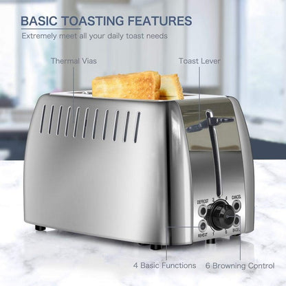 prepAmeal Toaster 2 Slice Stainless Steel Bagel Toaster Extra Wide Slots with 6 Browning Setting, Bagel/Reheat/Defrost/Cancel Function for Toasting Bread, Bagels and Waffles, 750W, Silver