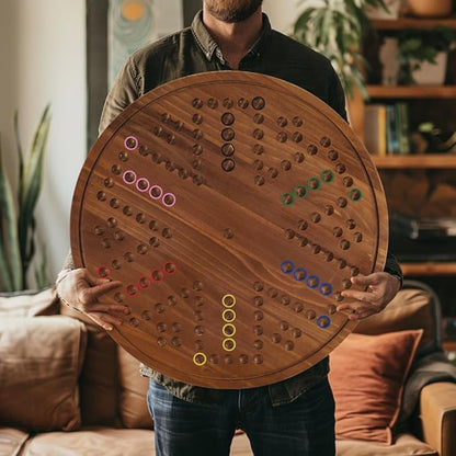 Circular Large Marble Board Game with Double-Sided Painted Wooden Fast Track Board Game with 24 Marbles 6 Dice4-Player Game 6-Player Game Universal Original Natural Marble (Burnt Color)