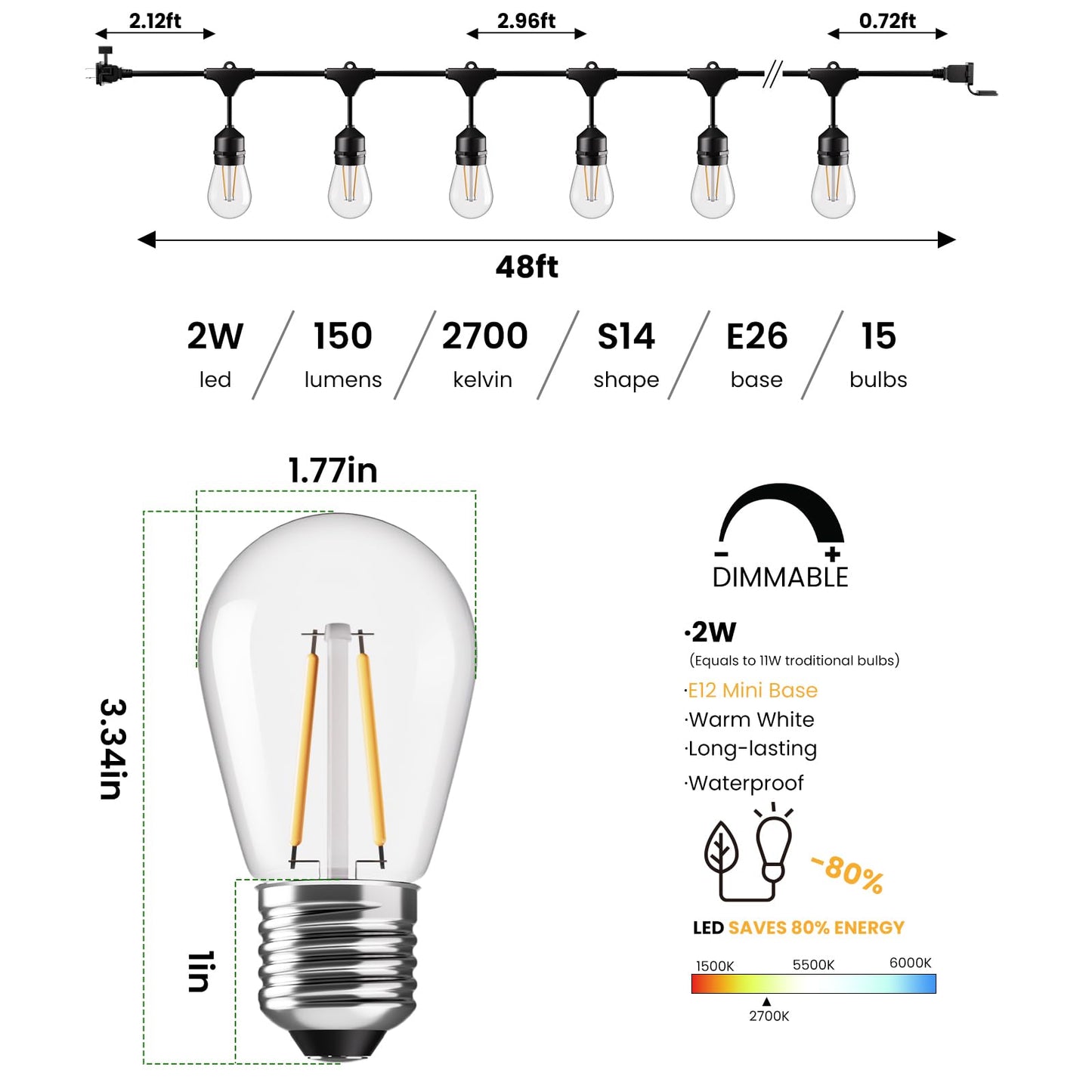 Svater 192 FT Outdoor String Lights 2W with Landscape Lighting Low Voltage 10 Pack, Patio Light for Outside Warm White