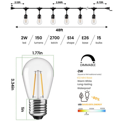 Svater 192 FT Outdoor String Lights 2W with Landscape Lighting Low Voltage 10 Pack, Patio Light for Outside Warm White