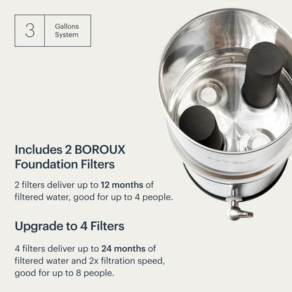 Boroux Legacy Gravity-Fed Countertop Stainless Steel Water Filter System | 3 Gallons with 2 Authentic Black Foundation. Filters