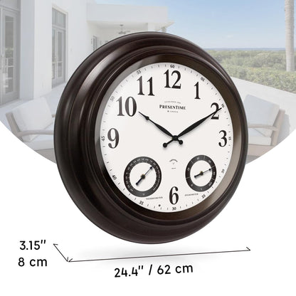 PresenTime & Co 24" Jameson Illuminated In/Outdoor Clock, Modern Farmhouse, Self-Illuminated, Waterproof, Weather Station (Thermometer & Hygrometer), Metal Clock, Oil Rubbed Bronze Finish(Night Light)