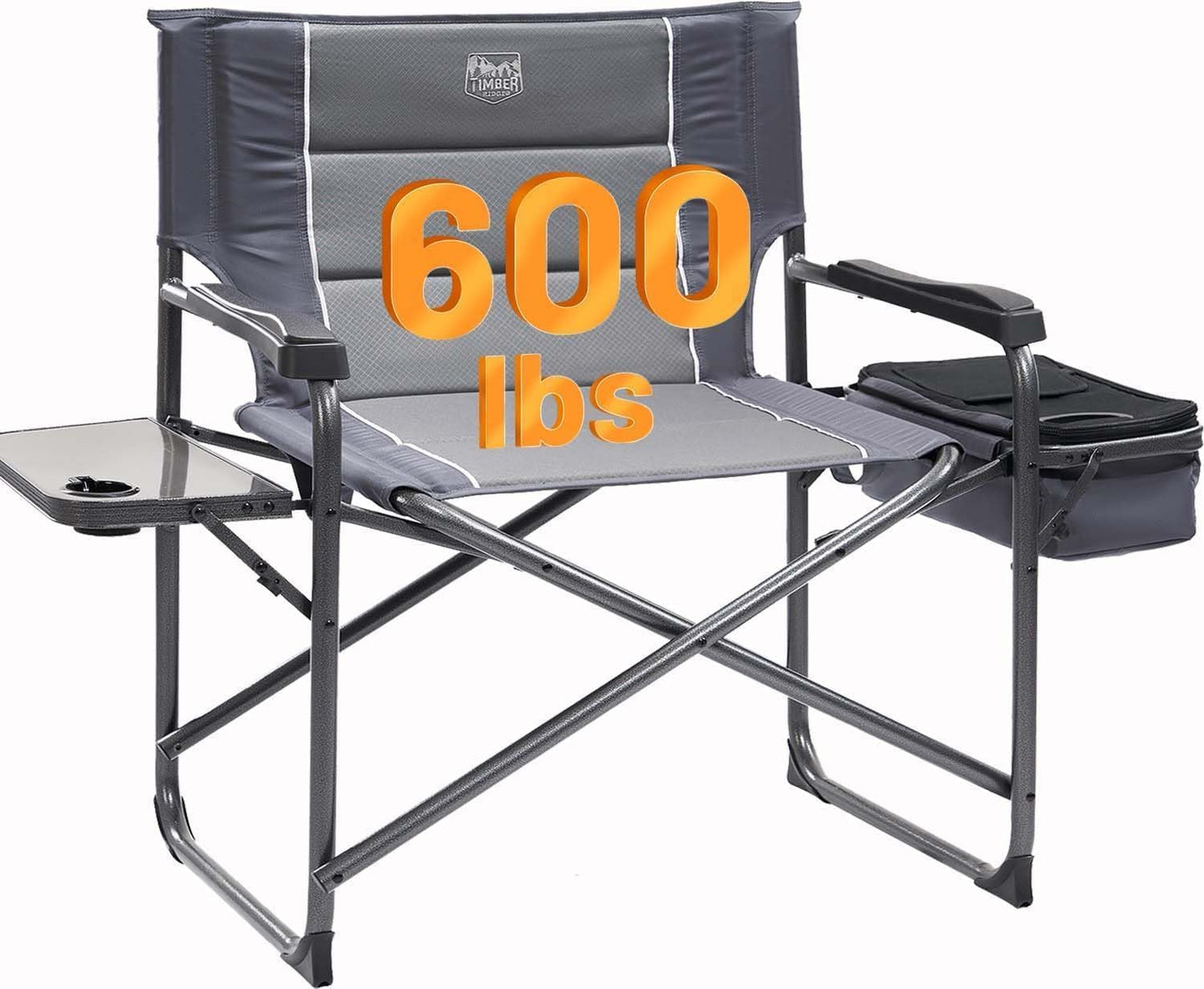 Timber Ridge XXL Oversized Directors Chair - Heavy Duty 600lbs Camping Chair with Cooler Bag & Table | Portable Grey Folding Chair for Tailgating & Outdoor Use