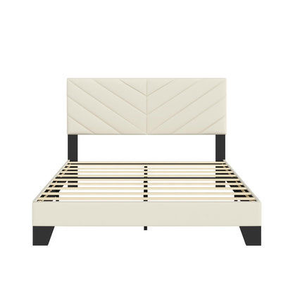 IOILORI Full Size Bed Frame Platform with Upholstered Headboard, Sturdy Wooden Slats, Noiseless, No Springs Required, Easy to Assemble Beige