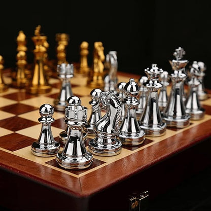 11Inch Large Deluxe Metal Chess Set - Portable Wooden Box with Alloy Pieces Folding Board Ideal for Adults