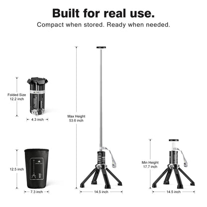 MTRVR Premium Telescopic Camping Lantern – 20000mAh Rechargeable LED Outdoor Light, IP44 Water-Resistant, Aluminum Telescopic Pole & Foldable Tripod – 21H Long-Lasting Emergency, RV & Camping Lighting