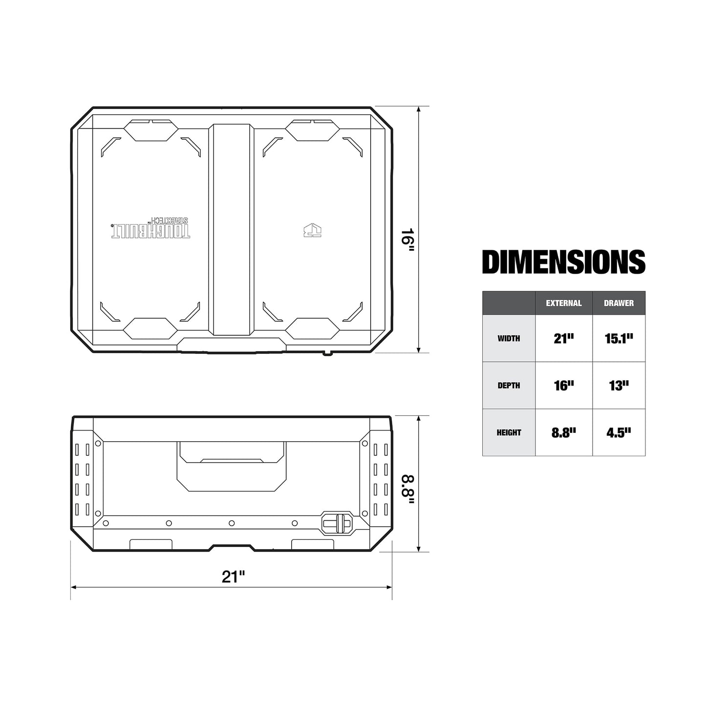 ToughBuilt StackTech 1 Drawer Tool Box, Heavy-Duty Portable Tools Chest, 50 lb Capacity - Stackable Toolbox Storage Organizer with 8 Dividers, Auto-Latching Drawers and Accessory Rails