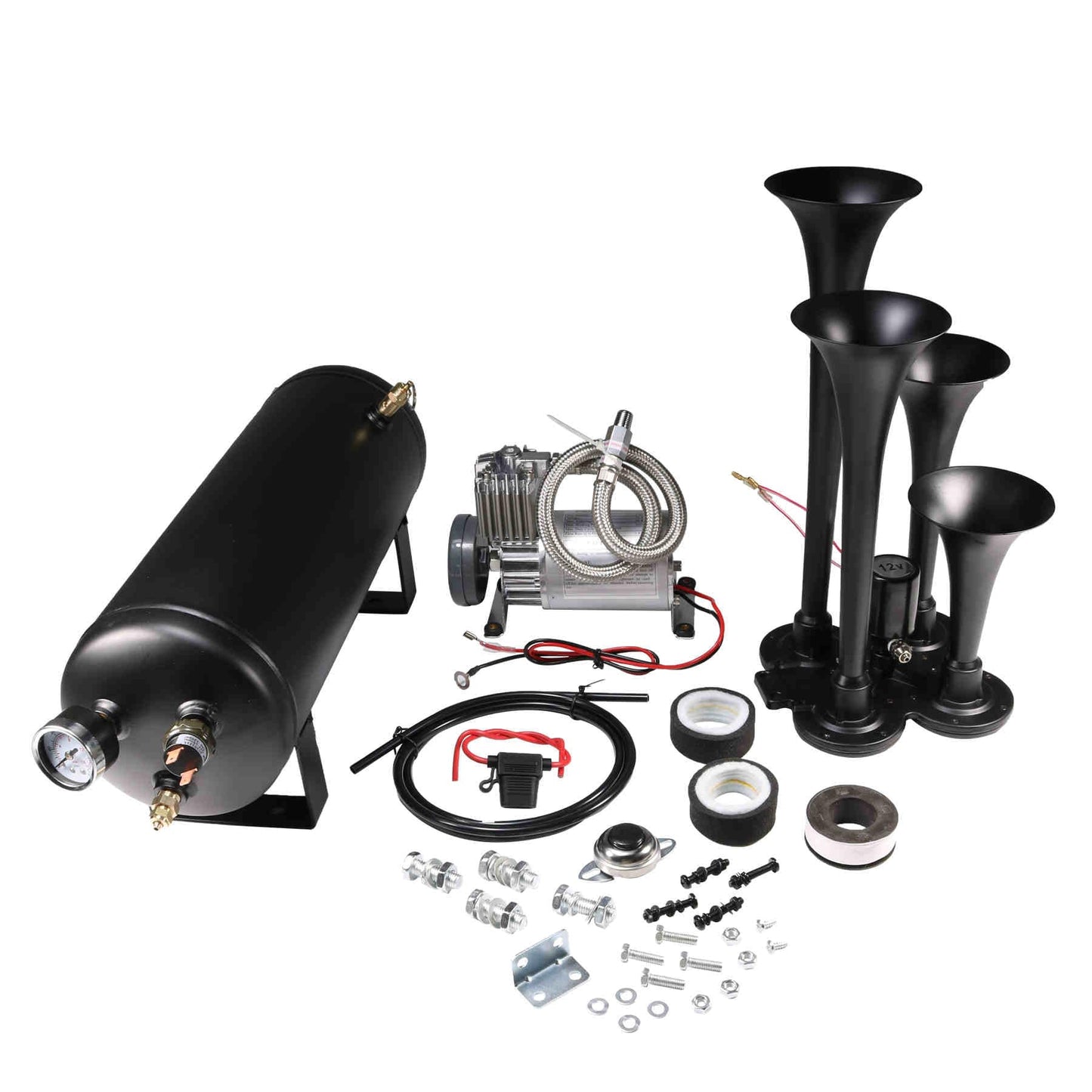 12V 4 Trumpets Train Horn Kit 150psi Complete Onboard System 150psi Air Compressor 1.5 Gallon Air Tank 4 Trumpets Fits Any Vehicle Truck Car Semi Pickup Replacement for Jeep RV SUV Super Loud dB