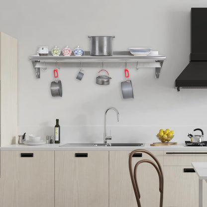 Hally Stainless Steel Shelf with 9 Hooks 12" x 72" Wall Mounted Pot Rack 345lb, NSF Commercial Floating Shelving for Storage Hanging Pots, Pans, cookware in Restaurant, Kitchen, Home and Hotel