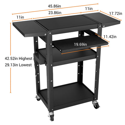 Mobile AV Cart with Pullout Keyboard Tray, Rolling Computer Cart Height Adjustable Rolling Media Utility Cart with 4 Wheels, 4 Outlets, Perfect for Home or Office Us