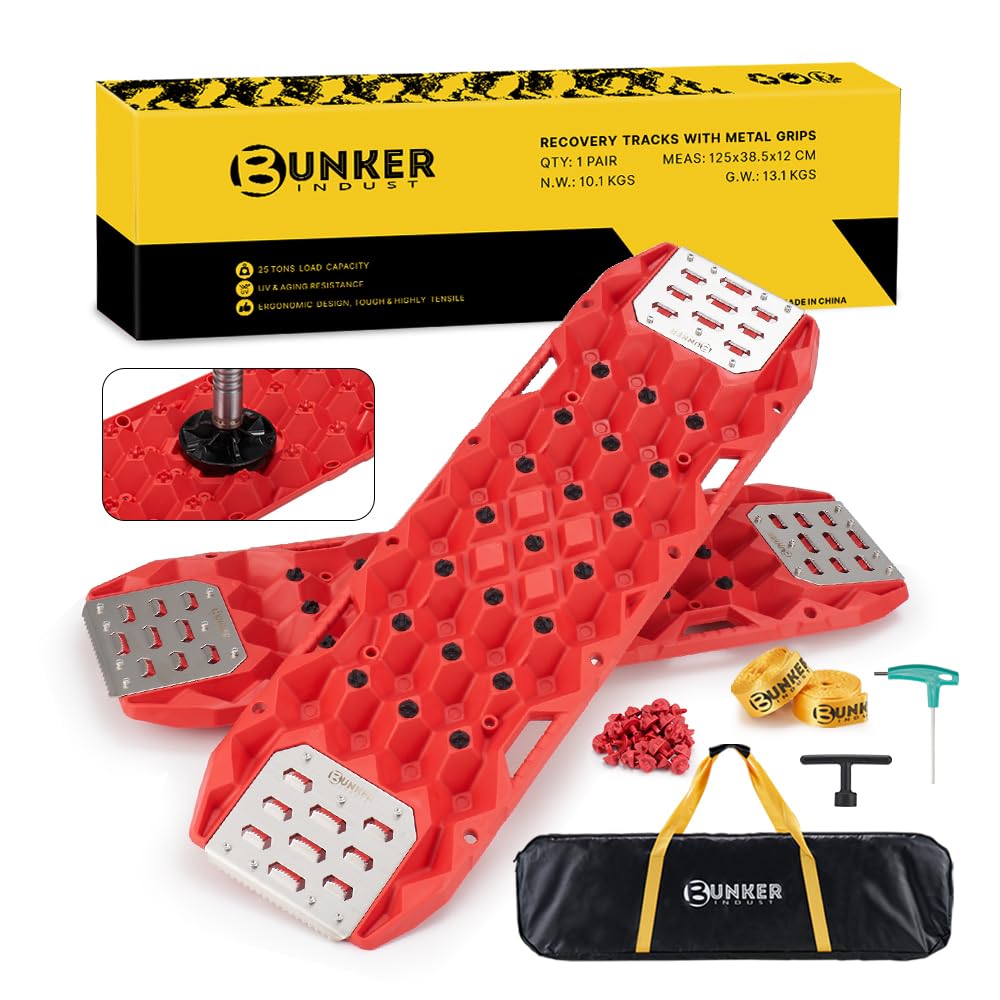 BUNKER INDUST Offroad Traction Board with Jack Base,Pair 47.24"L x 14"W Recovery Track Tire Traction Mat -Red Sand,Mud,Snow Ramps (Replaceable Dual Colors Teeth/Rugged Steel Plate) Gen 11th