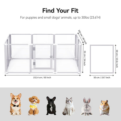 Clear Acrylic Dog Play Pen Indoor Pet Enclosure for Small Dogs & Cats, Outdoor Use with Door, Easy Assemble & Cleaning
