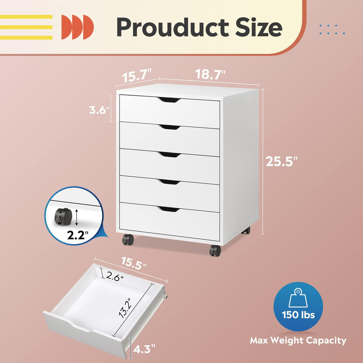 DEVAISE 5-Drawer Filing Cabinet Under Desk, Wood Storage file Cabinet with Wheels, White