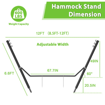 Miveda Universal Hammock Stand, Heavy Duty Adjustable 8-12FT Steel Hammock, 600lbs, Black Hammock Stand Weather Resistant for Outdoor Yard Garden with Bag