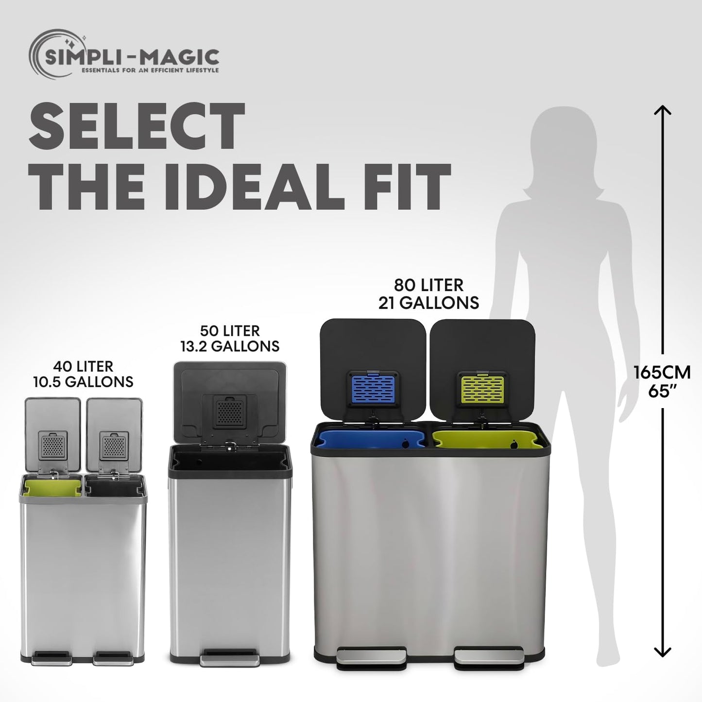 SIMPLI-Magic 21 Gallon (80L) Dual Compartment Kitchen Trash Can - Hands-Free Step Pedal, Soft-Close Lid, Stainless Steel Recycling Bin with Odor Filter (40L + 40L)