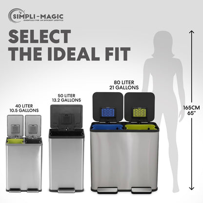 SIMPLI-Magic 21 Gallon (80L) Dual Compartment Kitchen Trash Can - Hands-Free Step Pedal, Soft-Close Lid, Stainless Steel Recycling Bin with Odor Filter (40L + 40L)