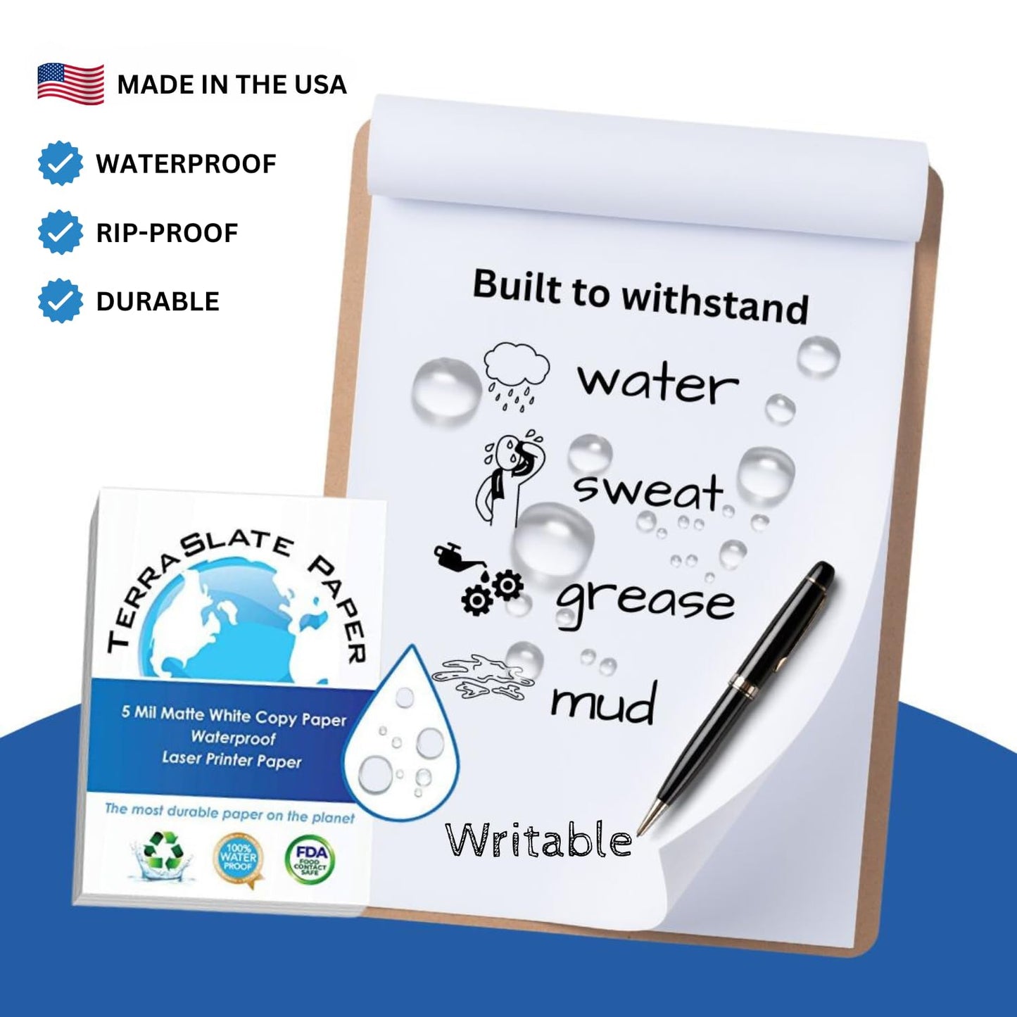 TerraSlate Waterproof Laser Printer Paper, 5 MIL 8.5" x 14", White, 250 Sheets I Rain/Weather/Rip-Proof Printing Paper