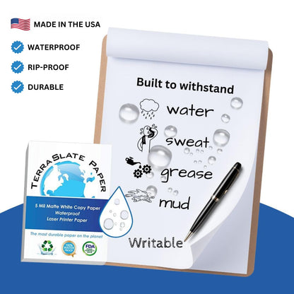 TerraSlate Waterproof Laser Printer Paper, 5 MIL 8.5" x 14", White, 250 Sheets I Rain/Weather/Rip-Proof Printing Paper