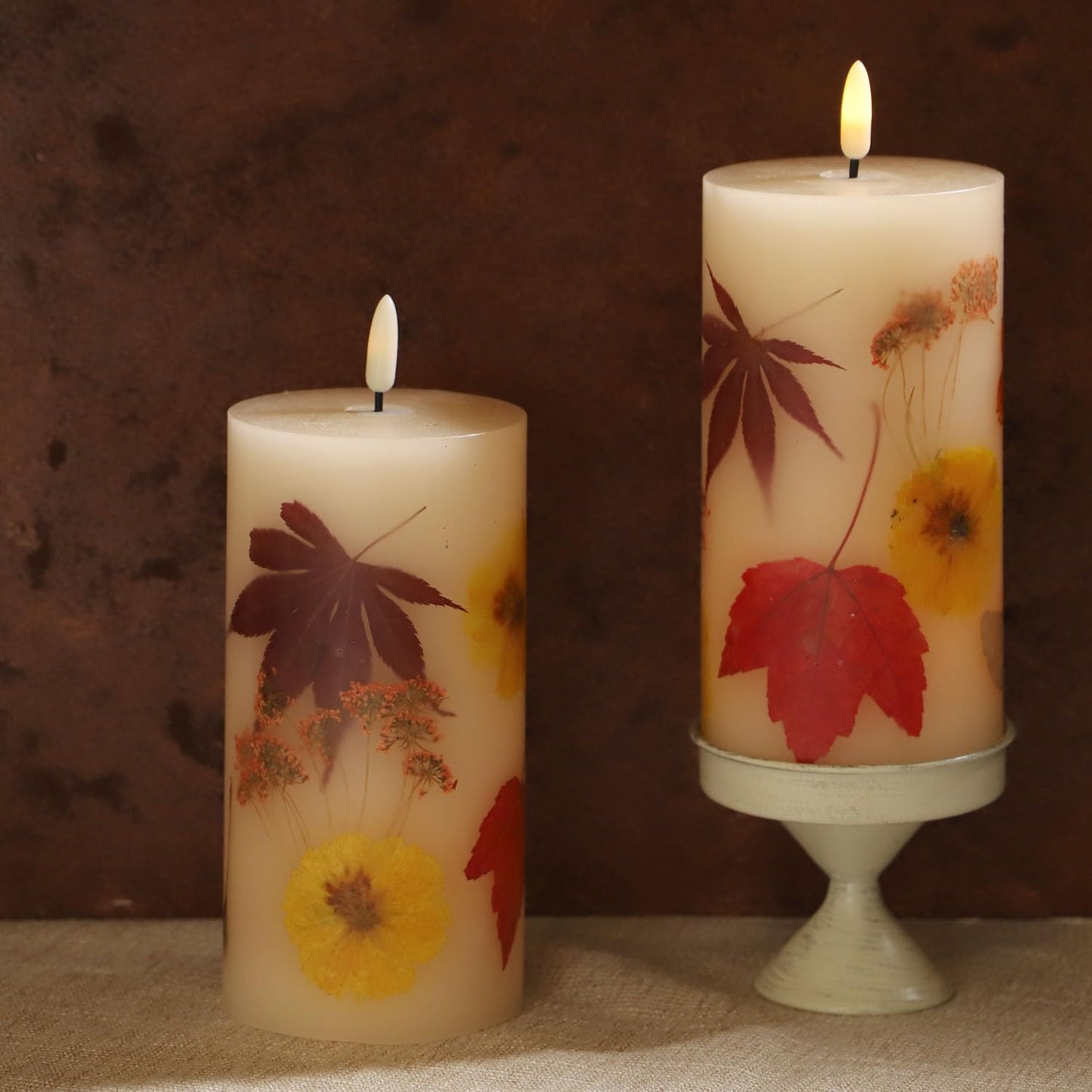 Fall Flameless Candles with Real Maple Leaf & Marigold Embedded Pillar Candles Battery Operated with Remote (3" × 6") - Straight Edge, Real Wax, Unscented - Ideal for Thanksgiving Decorations