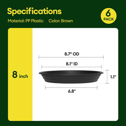 Maygrove Plant Saucers - Heavy Duty 6 Pack for Indoor & Outdoor Use | 8, 10, 12 Inch Black Trays