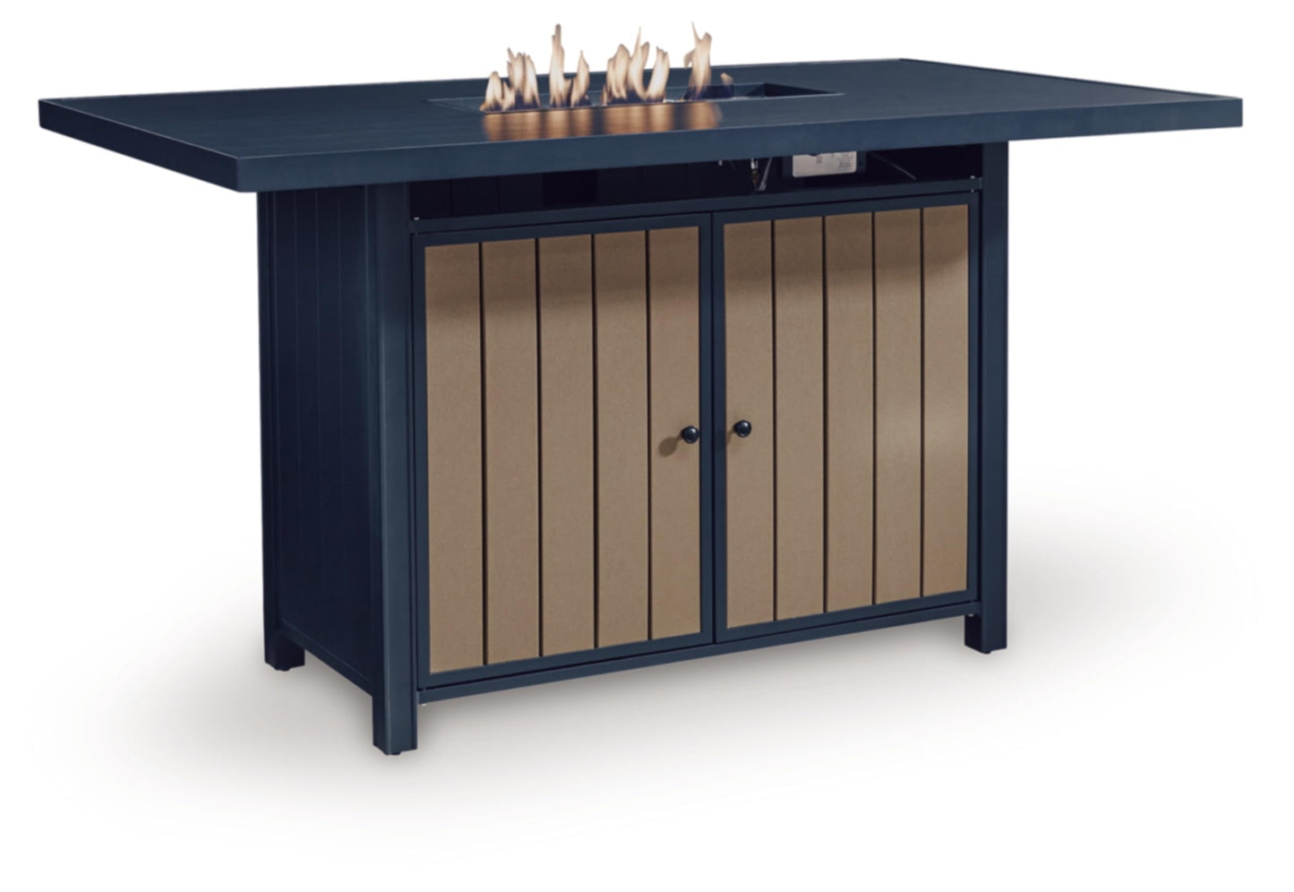 Signature Design by Ashley Mabry Shores Contemporary MEGA-TUFF™ HDPE Weather Resistant Outdoor Bar Table with Fire Pit and Adjustable Flame Control, Blue & Beige