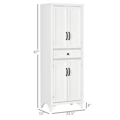 HOMCOM 67" Tall Freestanding Kitchen Pantry Cabinet, 4-Door Storage Cabinet with Drawer and Adjustable Shelves for Dining Room, White