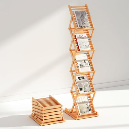 Foldable Bamboo Magazine Rack, Portable Pop-up Display Stand,Magazine Rack Floor 5 Pockets, A4 Size, for Trade Shows, Office, Retail Store