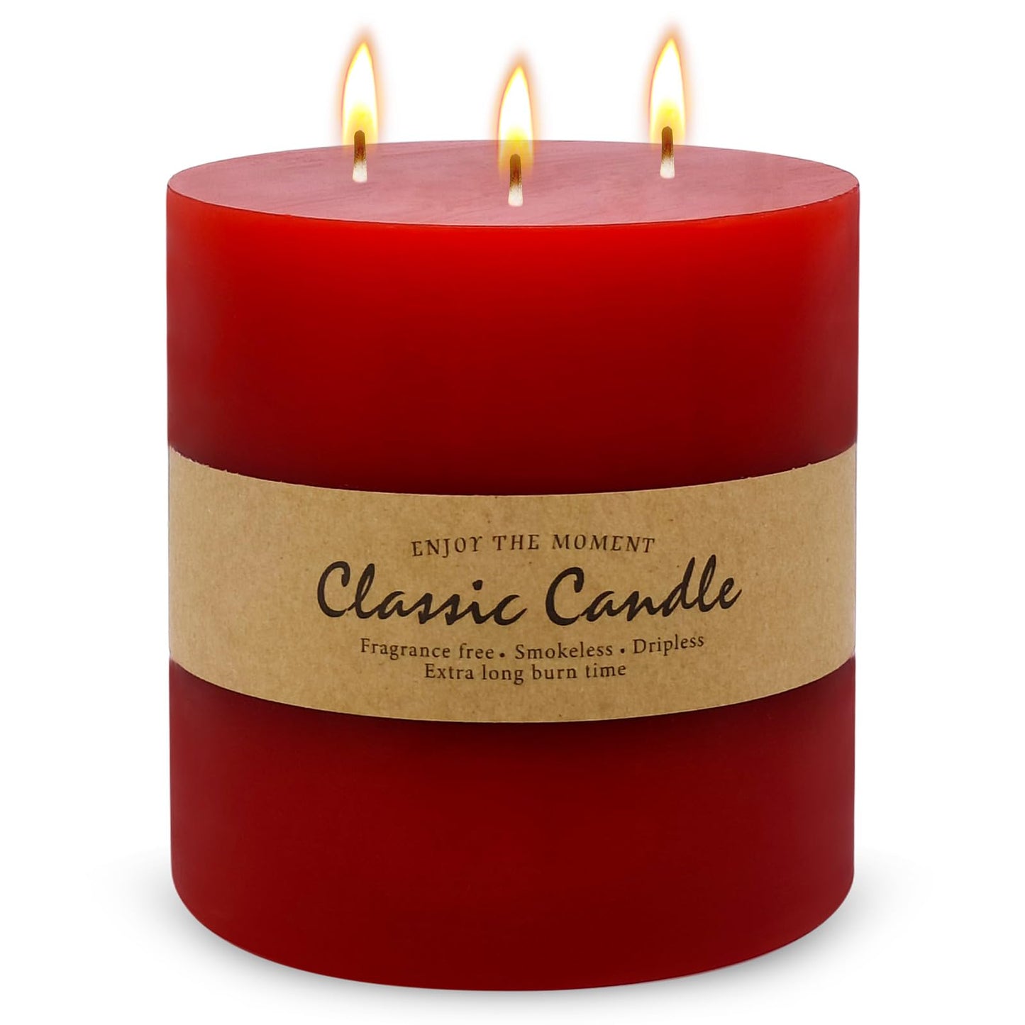 3 Wick Red Extra Large Pillar Candle, 6" x 6", Unscented, Dripless, Smokeless, and Clean-Burning. Approx. 120 Hours of Burn Time. Perfect for Weddings, Dinners, Christmas and Home Decor